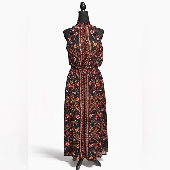 Boho Floral Mock Neck long Dress Medium - Picture 3 of 6